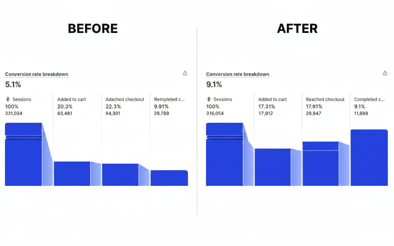 Conversion rate breakdown before and after CRO: 5.1 percent rising to 9.1 percent