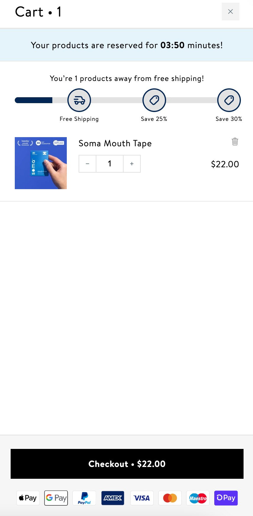 Soma Mouth Tape slide-out cart with reservation timer and tiered progress bar