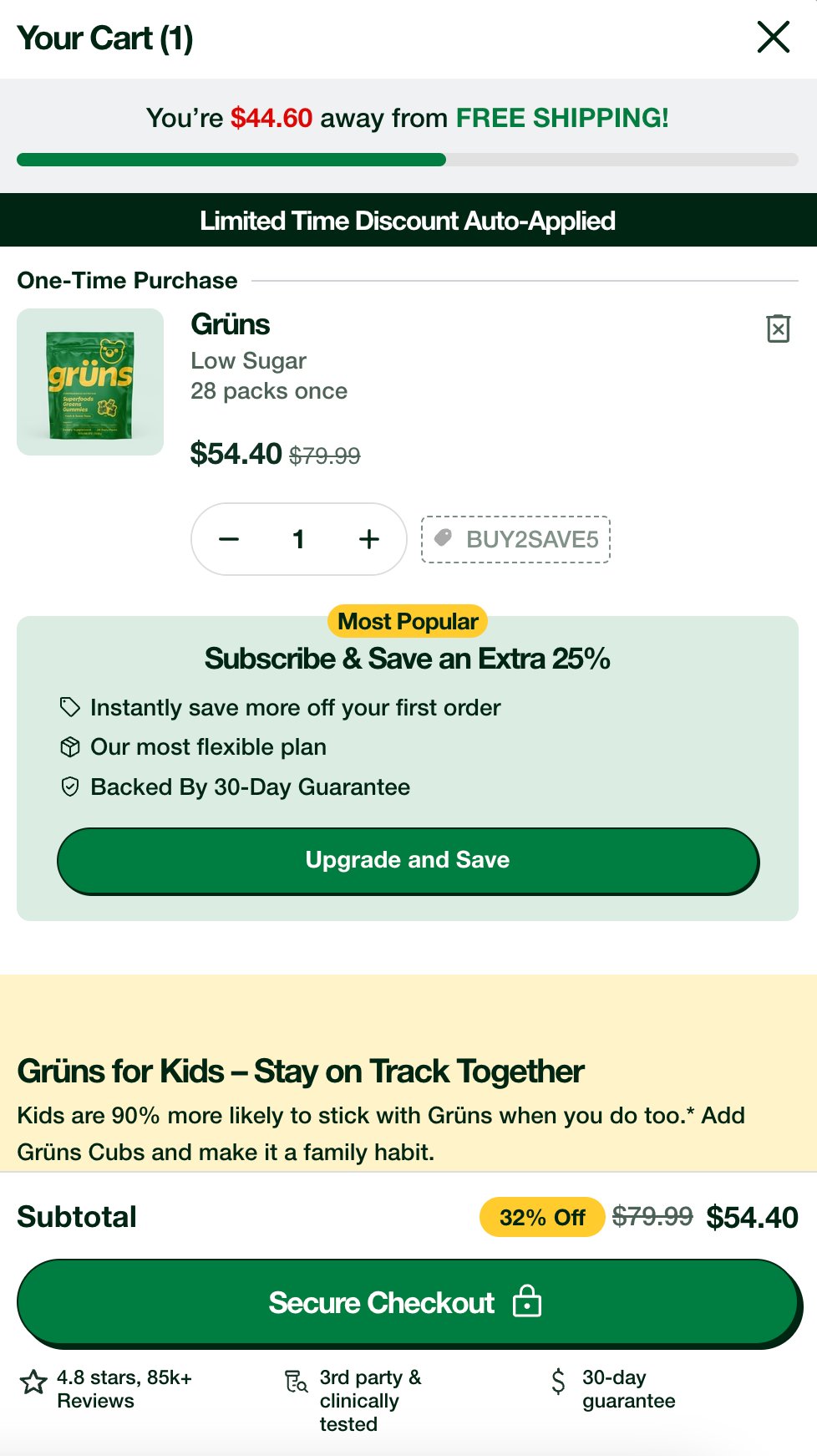 Grüns slide-out cart with Subscribe and Save upsell and triple trust footer
