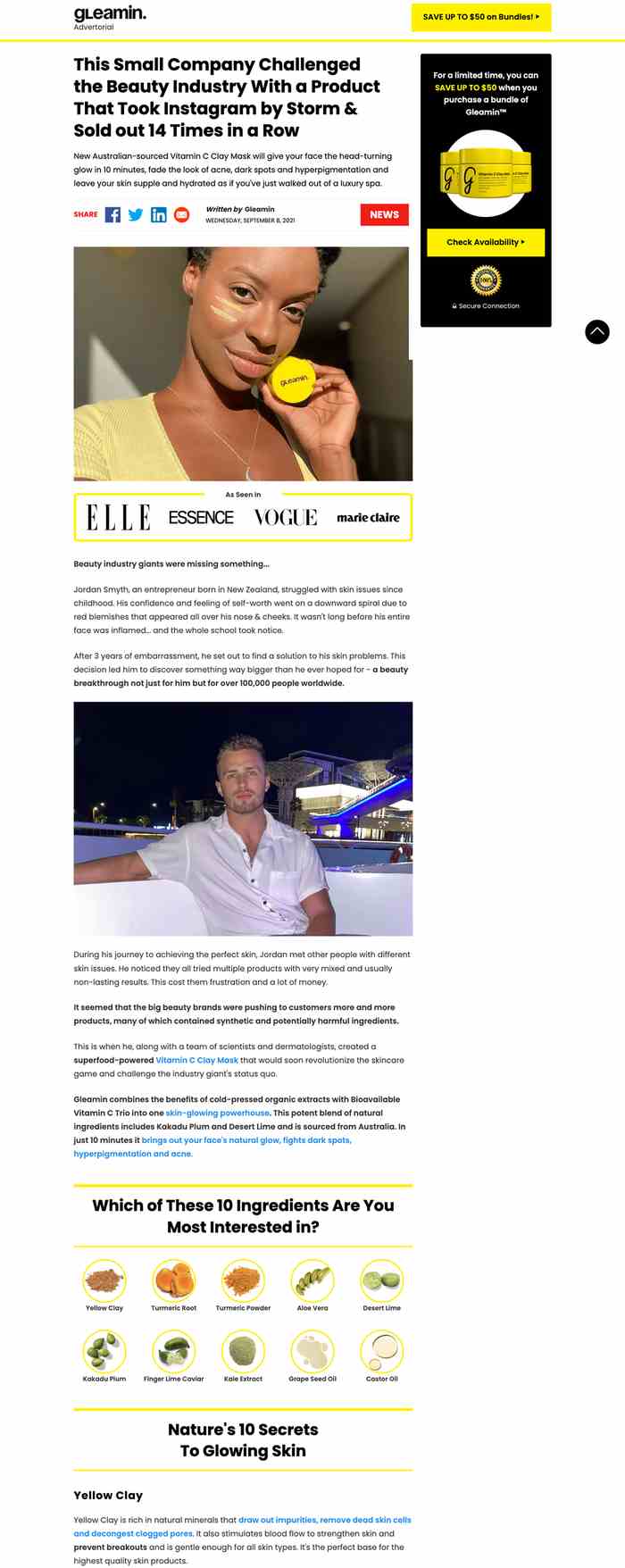 Gleamin advertorial presell page example