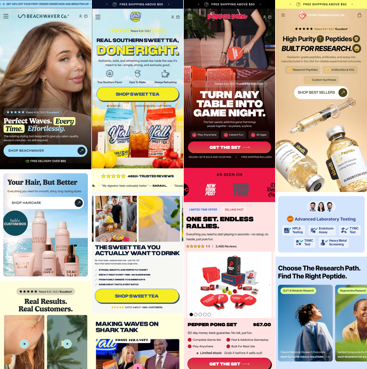 Solvexmedia landing pages: Beachwaver, Y'all Sweet Tea, Pepper Pong, Phoenix Pharmaceuticals
